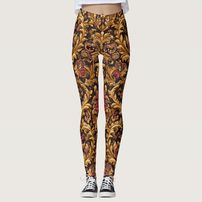 Kunglig Barock Blomma med Guldornament Leggings (Framsida)