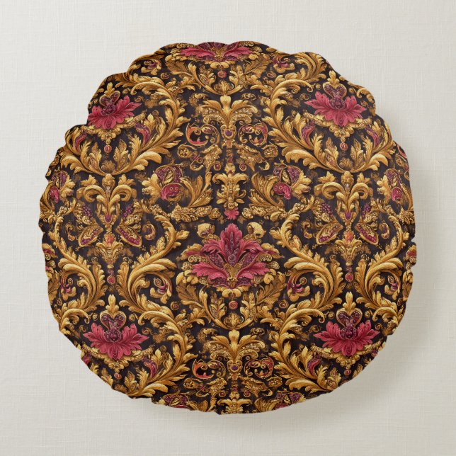 Kunglig Barock Blomma med Guldornament Rund Kudde (Framsidan)