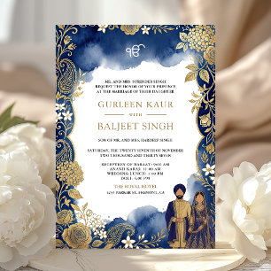 Kunglig blå akvarell guld paisley sikh bröllop inbjudningar