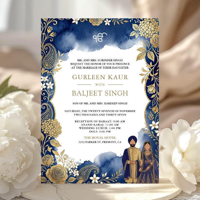 Kunglig blå akvarell guld paisley sikh bröllop inbjudningar (Skapare uppladdad)