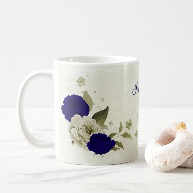 Kunglig blå beige blommig  kaffemugg (Med munk)