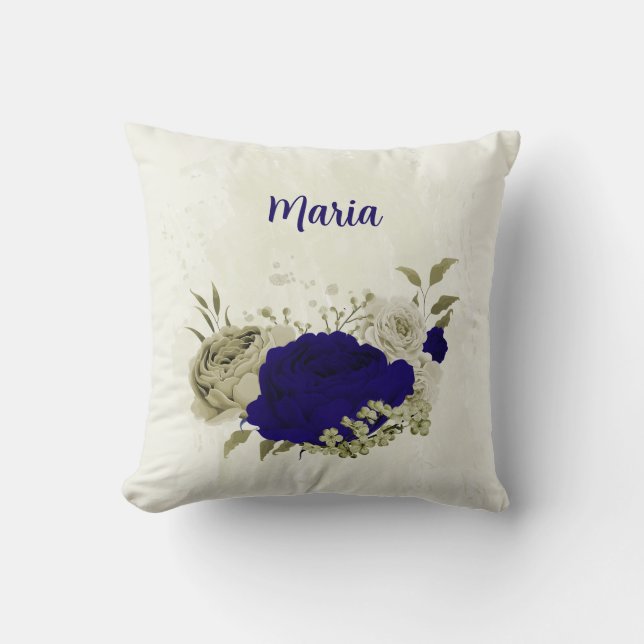 Kunglig blå beige blommig kudde (Framsida)