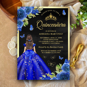 Kunglig Blå Blommig Fjäril Svart Guld Quinceanera Inbjudningar