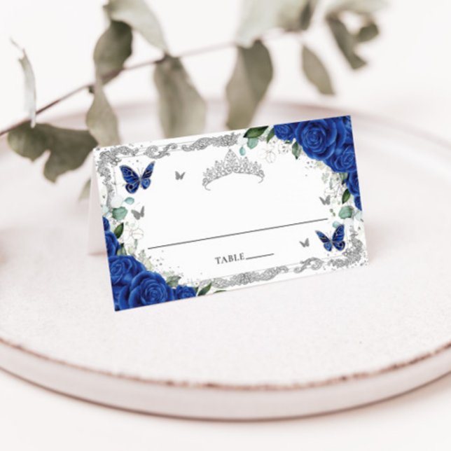 Kunglig blå blommig fjärilar Quinceañera Sweet 16 Placeringskort (Skapare uppladdad)