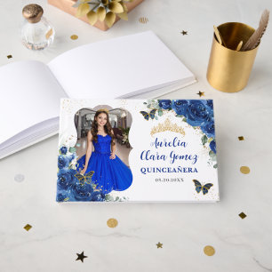 Kunglig Blå Blommig Guld QUINCEAÑERA 16 Fotograf Gästböcker