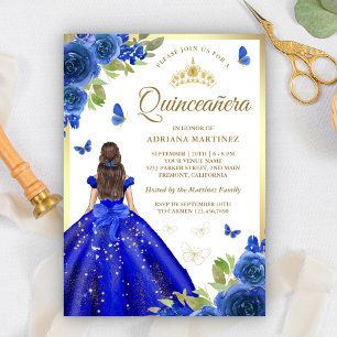 Kunglig Blå Blommig Klänning Fjäril Quinceanera Inbjudningar
