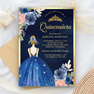 Kunglig Blå Blommig Klänning Marin Guld Quinceaner Inbjudningar