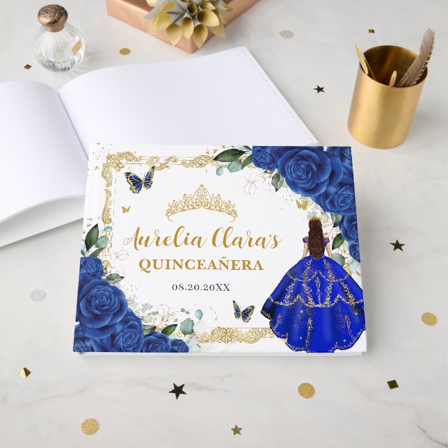 Kunglig Blå Blommig Prinsessa Guld Quinceanera Mis Gästböcker (Framsida Öppen)