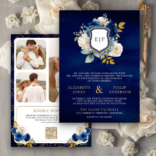 Kunglig Blå Blommig QR-kod Foto Crest Bröllop Inbjudningar