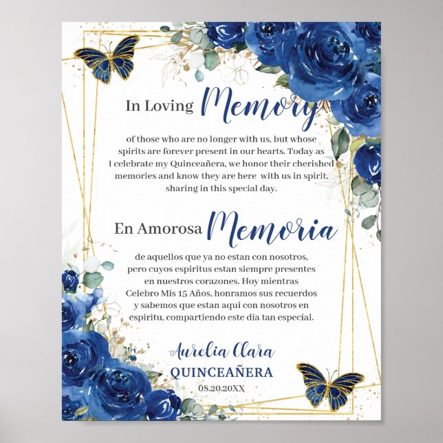Kunglig Blå Blommig Quinceanera 16 Till Minnes Hög Poster (Framsidan)