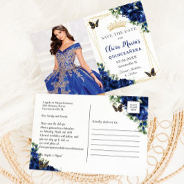 Kunglig Blå Blommig Quinceañera Fjärilar Bild Meddelande Vykort