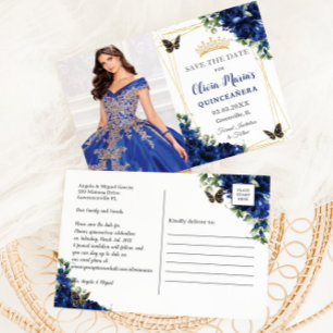 Kunglig Blå Blommig Quinceañera Fjärilar Bild Meddelande Vykort
