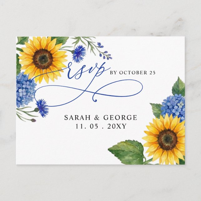 Kunglig Blå Blommig Solros Modern Bröllops-Rsvp Vykort (Framsida)