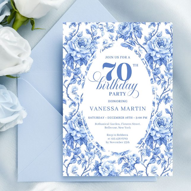 Kunglig Blå Blommig Toile 70-års Födelsedagsinbjud Inbjudningar (Royal Blue Floral 70th Birthday Invitation)