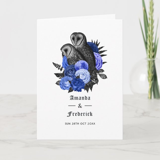 Kunglig Blå Blommig Ugglor Gotisk Bröllop Program (Framsida)