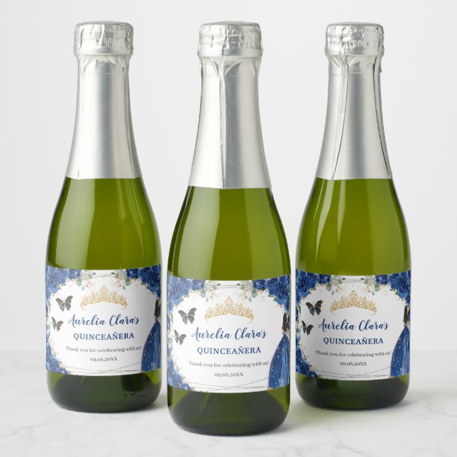 Kunglig blå blomsterguld Quinceañera födelsedag (Flaskor)