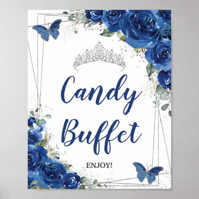Kunglig blå blomsterrus Quinceañera godisbuffé Poster (Framsidan)