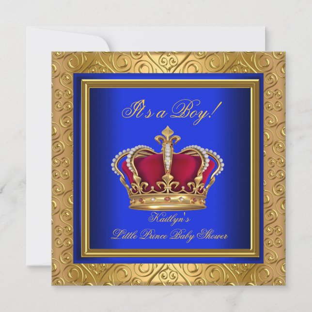 Kunglig blå damast guld baby shower pojke regal inbjudningar (Framsida)