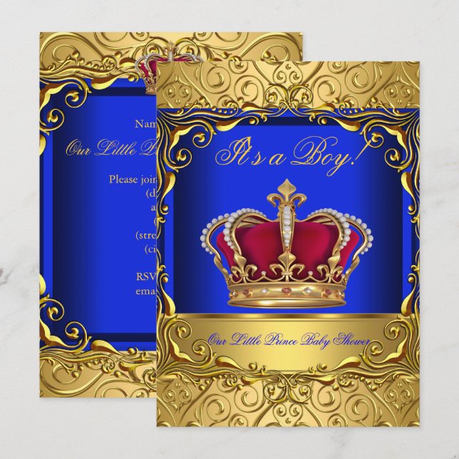 Kunglig blå damast guld krona baby shower pojke 4 inbjudningar (Fram/baksida)