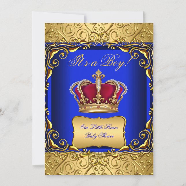 Kunglig blå damast guld krona baby shower pojke bs inbjudningar (Framsida)