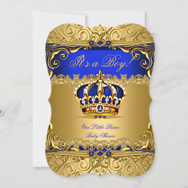Kunglig blå damast guld krona baby shower pojke bs inbjudningar (Framsida)