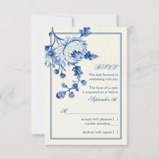 Kunglig Blå Elfenbens Toile Blommig Bröllop RSVP S Inbjudningar (Framsida)
