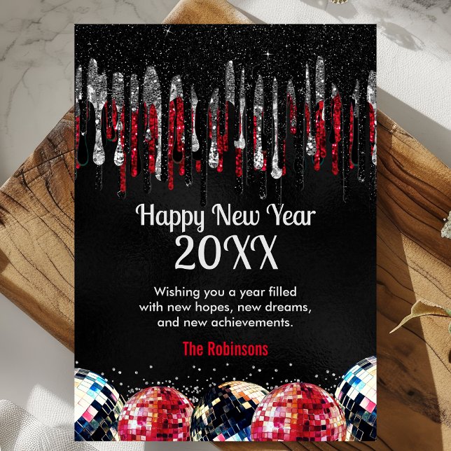 Kunglig blå falsk glitter diskobollar Gott nytt år Julkort (Skapare uppladdad)