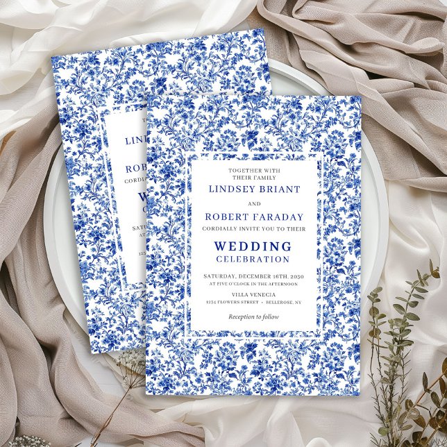 Kunglig blå fransk Toile-blomma bröllopsinbjudan Inbjudningar (Royal Blue French Toile Floral Wedding Invitation)