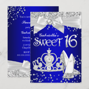 Kunglig blå glänsande tiara klackar Sweet 16 fest Inbjudningar