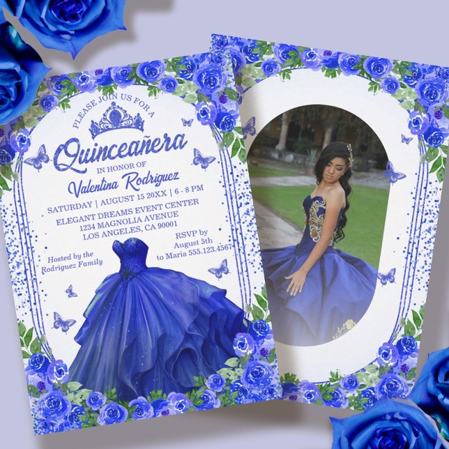 Kunglig Blå Glitter Blommig Glans Quinceanera Inbjudningar (Blue Glitter Floral Sparkle Quinceanera Invitation)
