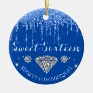 Kunglig Blå Glitter Dropp Diamant Sweet Sixteen Julgransprydnad Keramik