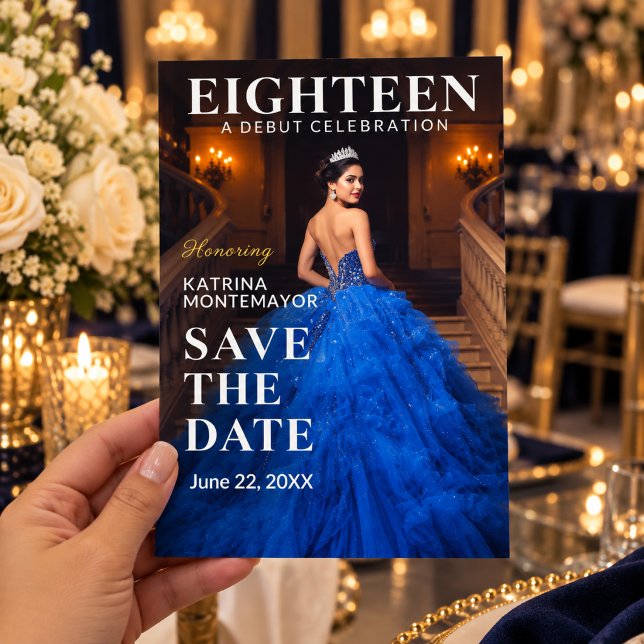 Kunglig blå guld 18-årsdag Spara datumet (Elegant 18th birthday save the date invitation shown in hand)
