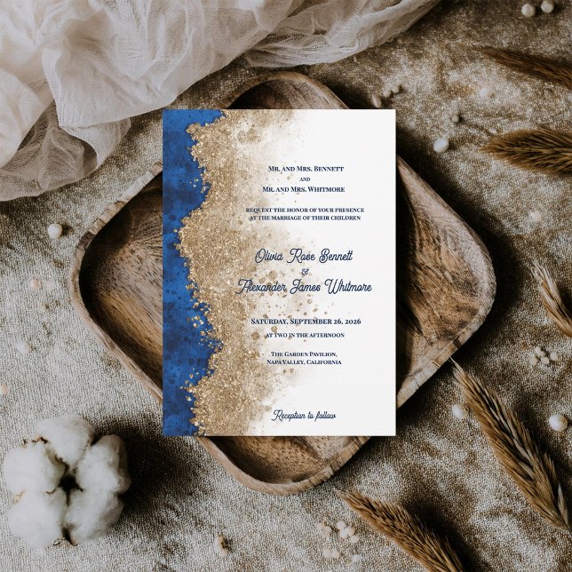 Kunglig Blå Guld Abstrakt Lyx Formell Bröllop Inbjudningar (Royal Blue Gold Wedding Invitation Luxury Navy Blue Gold Formal Wedding Invite )