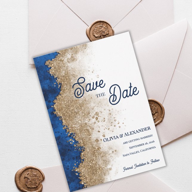 Kunglig Blå Guld Abstrakt Lyx Formell Bröllop Spara Datumet (Royal Blue Gold Save the Date Card Luxury Navy Blue Gold Wedding Save The Date )