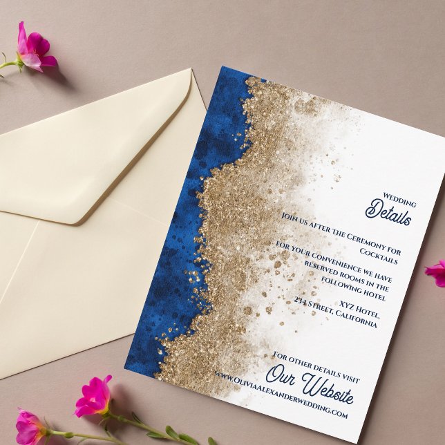 Kunglig Blå Guld Abstrakt Lyxig Bröllopsdetalj Tilläggskort (Royal Blue Gold Wedding Details Card Luxury Navy Blue Gold Wedding Enclosure Card )