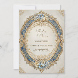 Kunglig Blå Guld Barock Ornamentell Oval Ram Bröll Inbjudningar