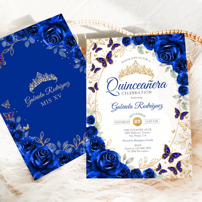 Kunglig Blå Guld Blommig Quinceanera Inbjudningar (Skapare uppladdad)