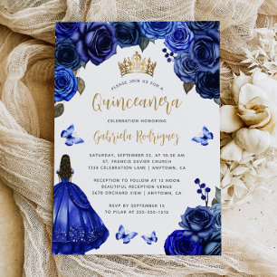 Kunglig Blå Guld Blommig Quinceañera Inbjudningar