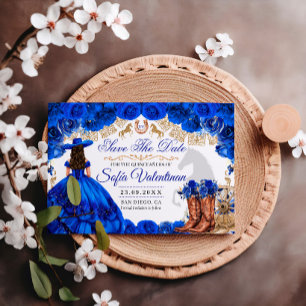 Kunglig Blå Guld Cowboy Quinceanera Spara Datumet