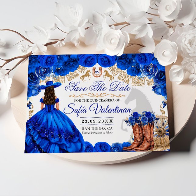 Kunglig Blå Guld Cowboy Quinceanera Spara Datumet (Skapare uppladdad)