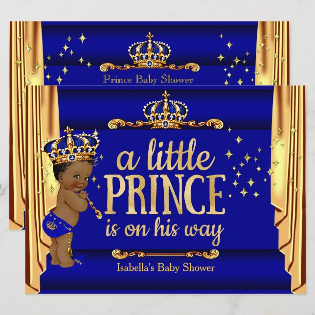 Kunglig blå guld draperar prinsens baby shower etn inbjudningar (Fram/baksida)