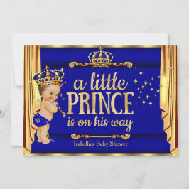 Kunglig blå guld draperi prins baby shower brunett inbjudningar