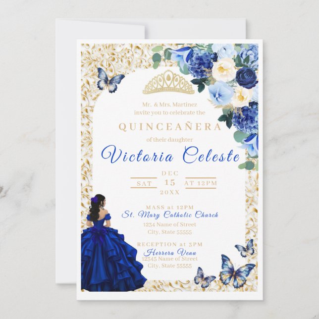 Kunglig Blå Guld Fjäril Blommig Quinceañera Inbjud (Framsida)