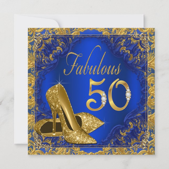Kunglig Blå Guld Höga Klackar Fantastisk 50-årsdag Inbjudningar (Framsida)