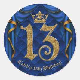 Kunglig Blå & Guld Kron 13 13-års Födelsedagsfest Runt Klistermärke