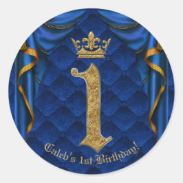 Kunglig Blå & Guld Kron 1-års Födelsedagsfest Runt Klistermärke
