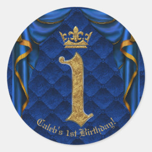 Kunglig Blå & Guld Kron 1-års Födelsedagsfest Runt Klistermärke