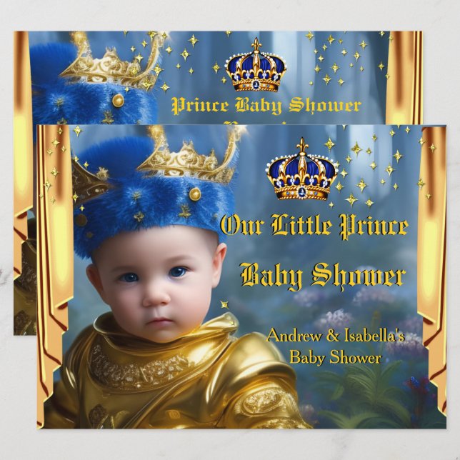 Kunglig blå guld krona draperar prinsens babyfiran inbjudningar (Fram/baksida)