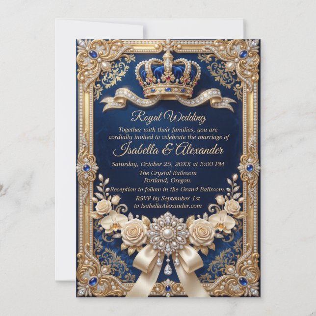 Kunglig blå guld krona pärl elegant lyx inbjudningar (Framsida)