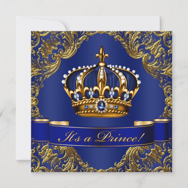 Kunglig blå-guld kronprins baby shower inbjudningar (Framsida)